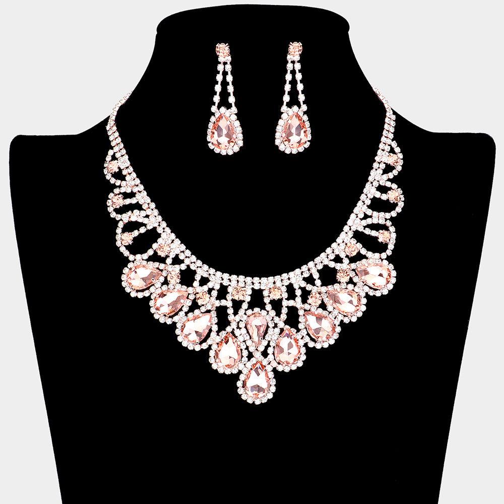 Gold Crystal Teardrop Evening Necklace Rhinestone Paved