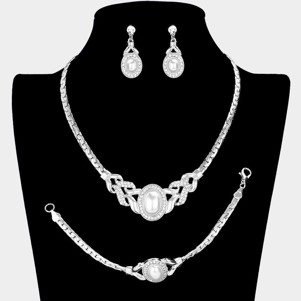 White 3 Piece Pearl Accented Rhinestone Necklace Jewelry Set