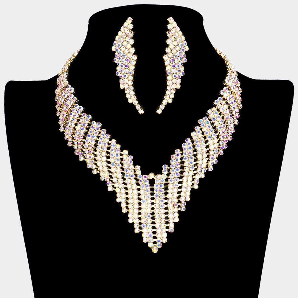 Gold Crystal Jagged Collar Evening Necklace Rhinestone Paved