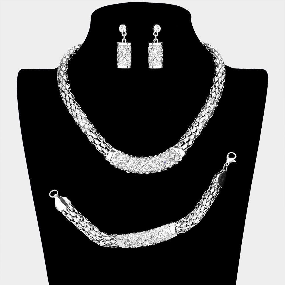 Silver 3 Piece Crystal Rhinestone Metal Mesh Necklace Jewelry Set - Jewelry Store by Erik Rayo