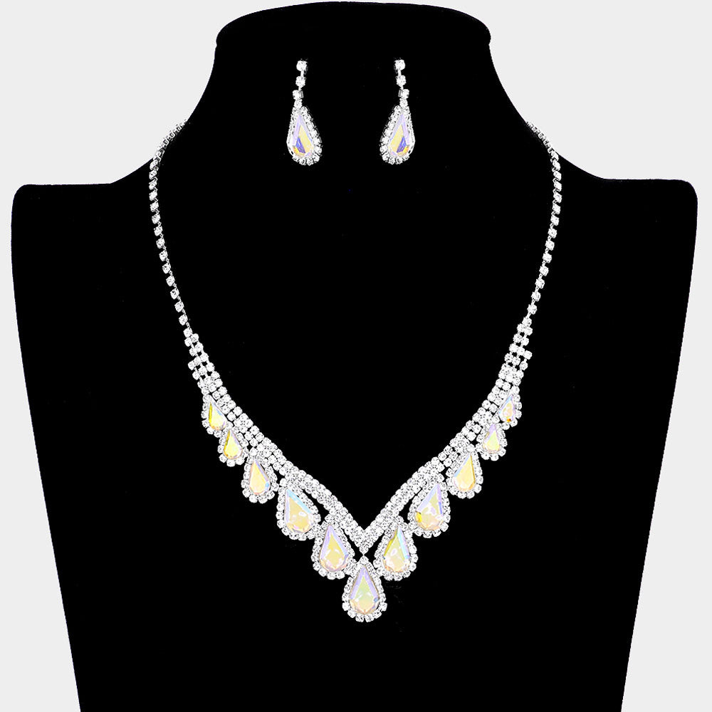 Silver Teardrop Crystal Rhinestone Collar Necklace