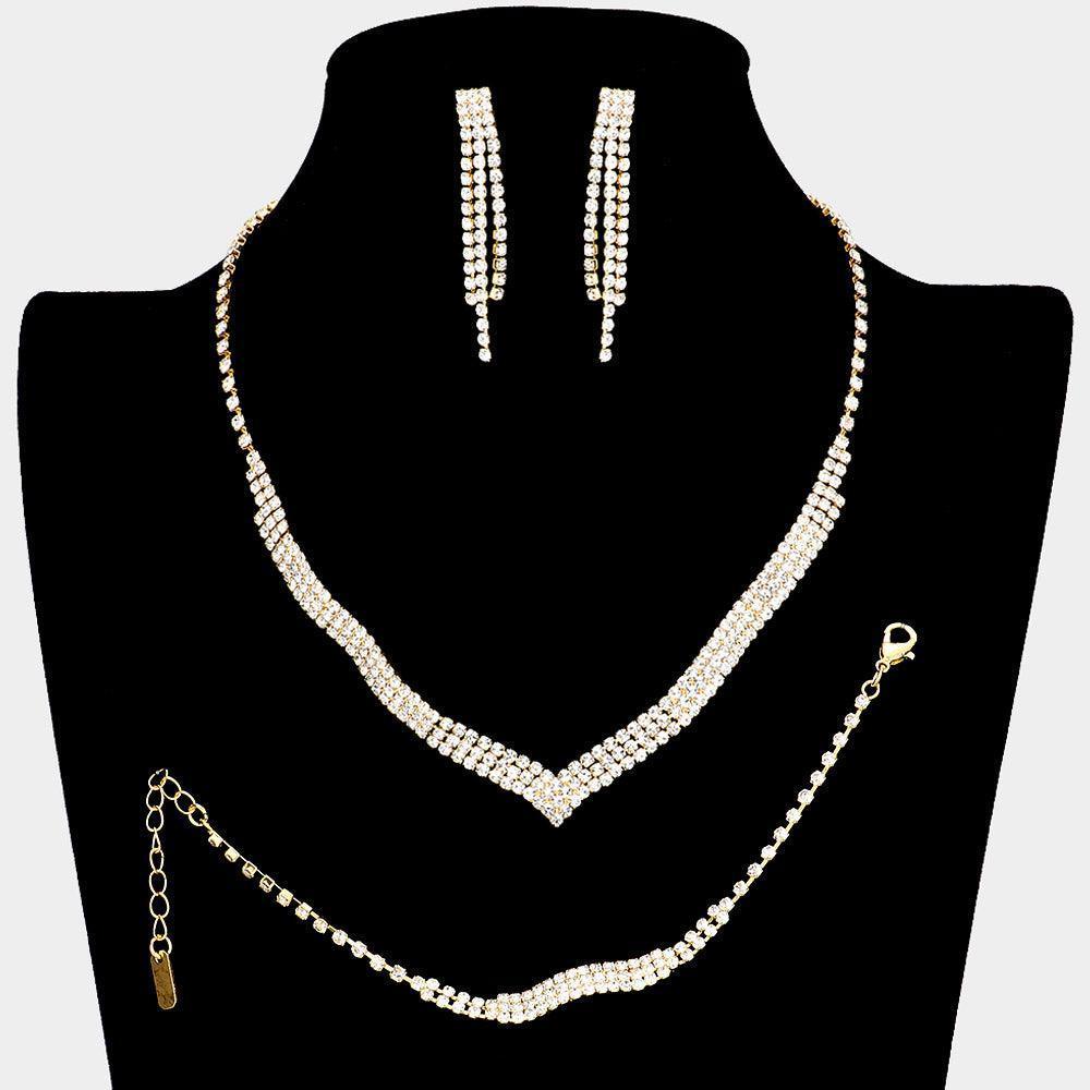 Gold 3 Piece 3 Rows Crystal Rhinestone Necklace Jewelry Set - Jewelry Store by Erik Rayo