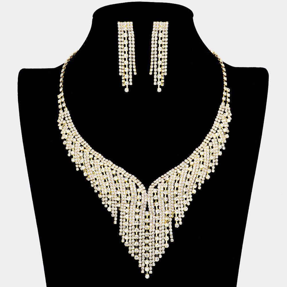 Gold V-Collared Rhinestone Necklace Set