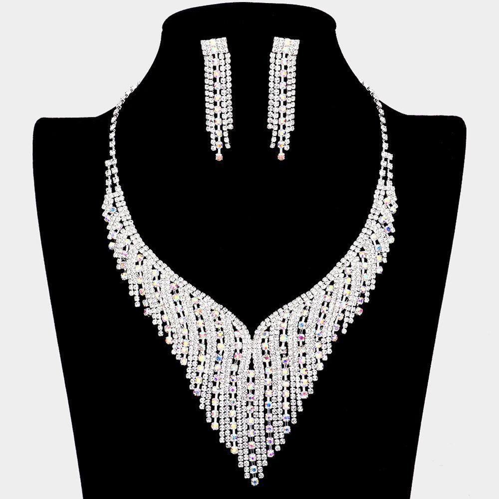 Silver V-Collared Rhinestone Necklace Set - Jewelry Store by Erik Rayo