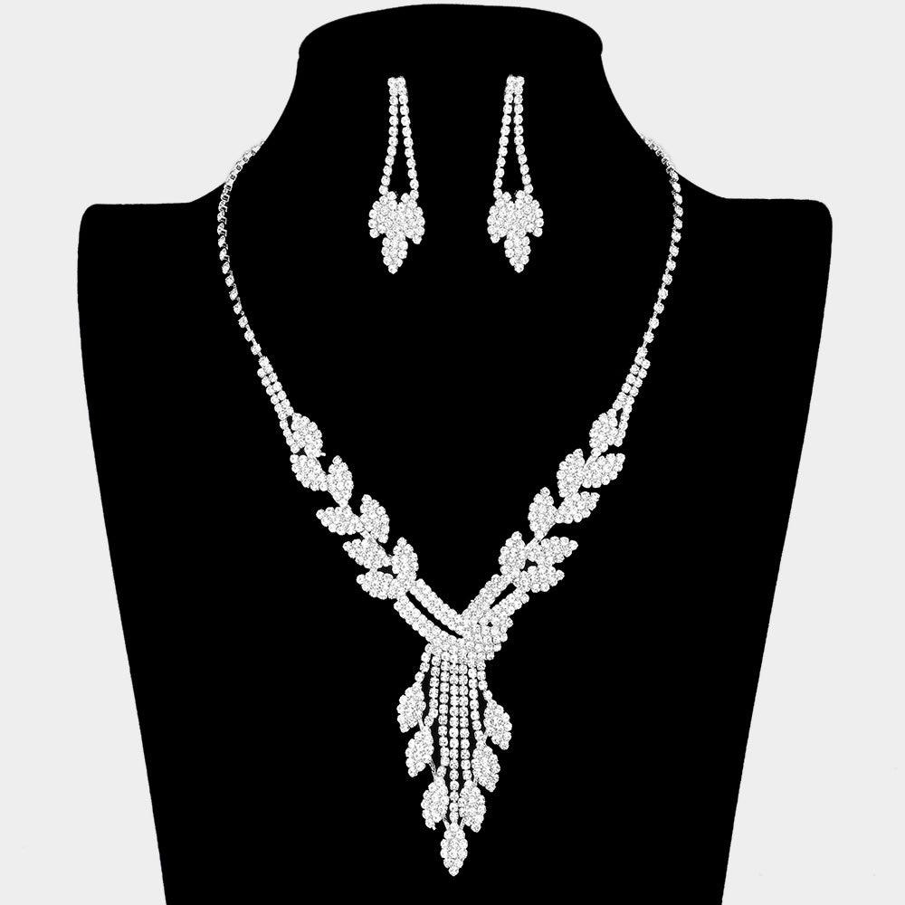 Silver Pave Crystal Rhinestone Leaf Marquise Necklace