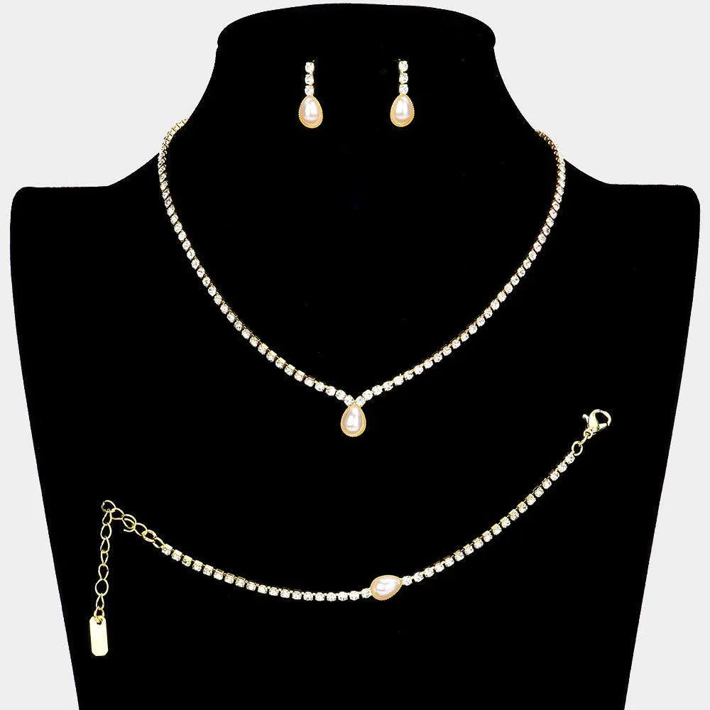 Cream 3 Piece Teardrop Pearl Accented Rhinestone Necklace Jewelry Set - Jewelry Store by Erik Rayo