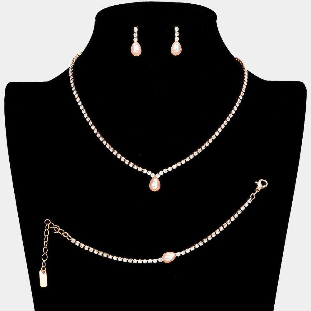 Rose Gold 3 Piece Teardrop Pearl Accented Rhinestone Necklace Jewelry Set - Jewelry Store by Erik Rayo