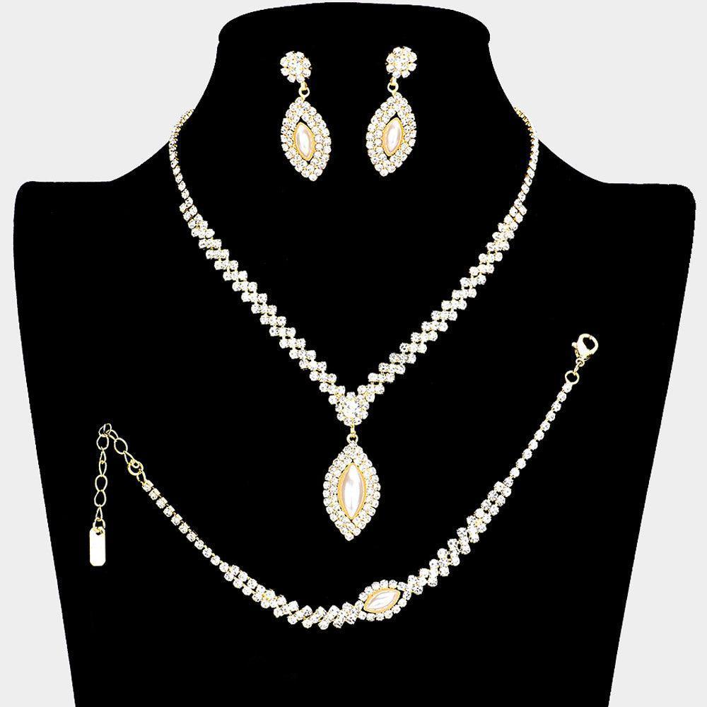 Gold 3 Piece Crystal Rhinestone Oval Pearl Dangle Necklace Jewelry Set - Jewelry Store by Erik Rayo