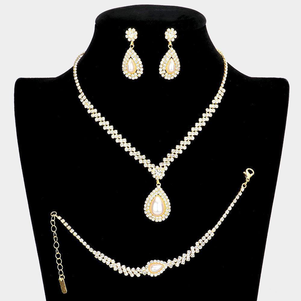 Cream 3 Piece Teardrop Pearl Accented Rhinestone Necklace Jewelry Set - Jewelry Store by Erik Rayo