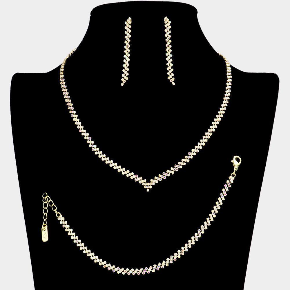 Gold 3 Piece Crystal Rhinestone Marquise Necklace Jewelry Set