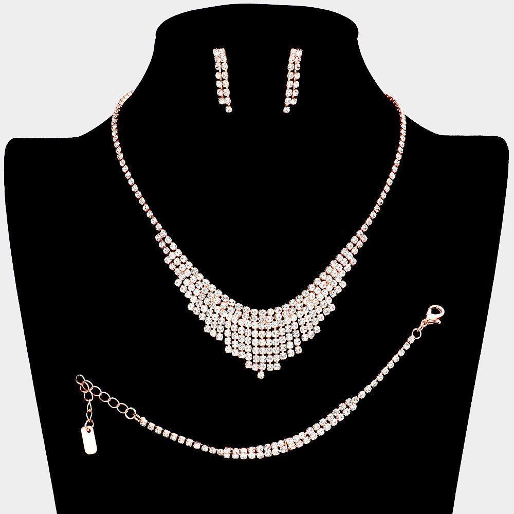 Rose Gold 3 Piece Crystal Fringe Necklace Jewelry Set Rhinestone Paved - Jewelry Store by Erik Rayo