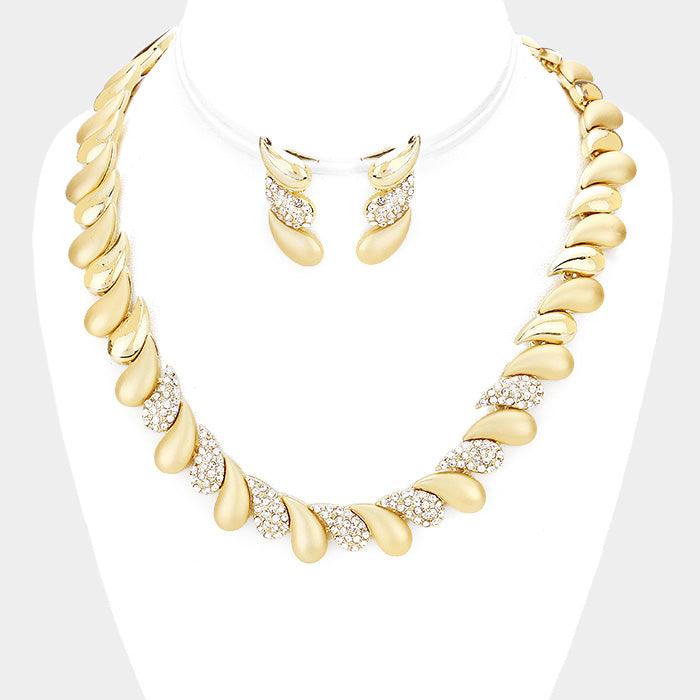 Gold Oblique Teardrop Detail Collar Necklace Rhinestone Paved