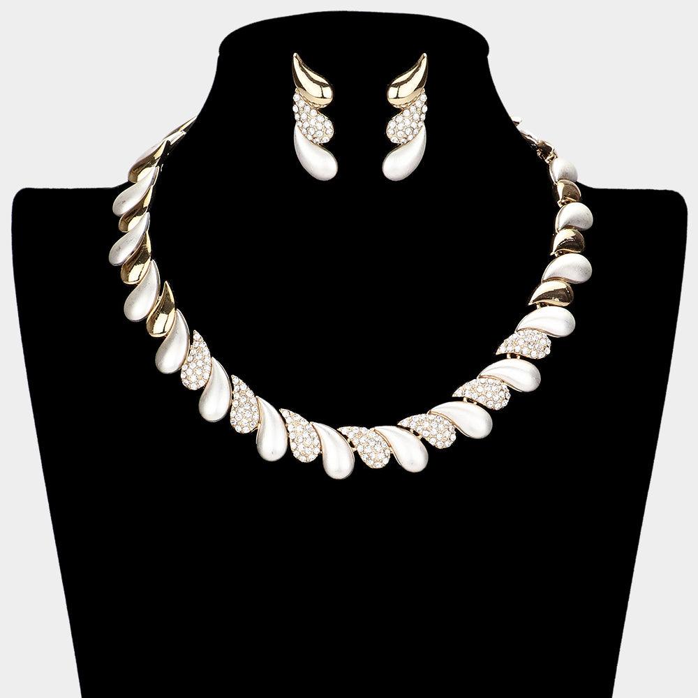 Two Tone Oblique Teardrop Detail Collar Necklace Rhinestone Paved