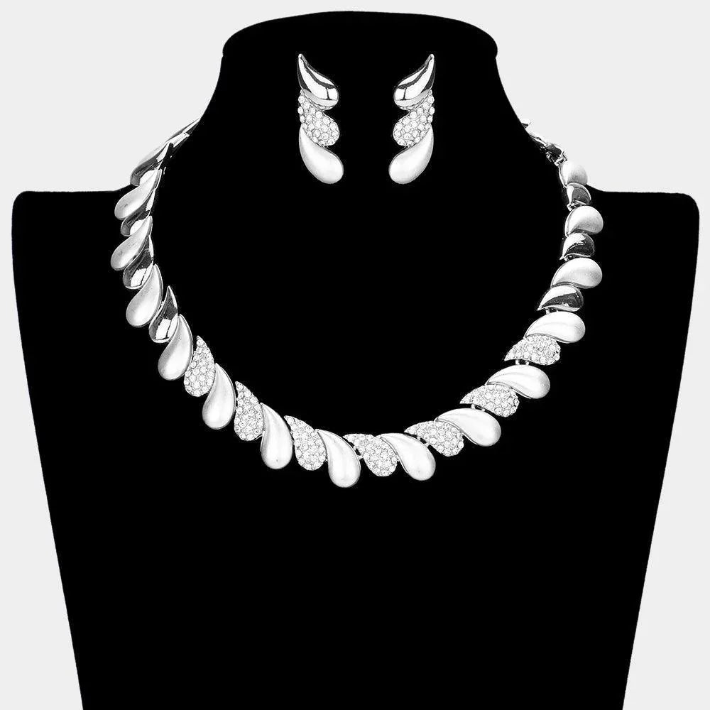 Silver Oblique Teardrop Detail Collar Necklace Rhinestone Paved - Jewelry Store by Erik Rayo