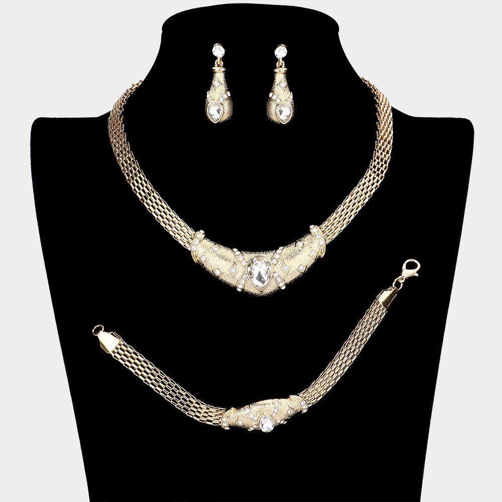 Gold 3 Piece Crystal Teardrop Accented Pendant Collar Necklace Set - Jewelry Store by Erik Rayo