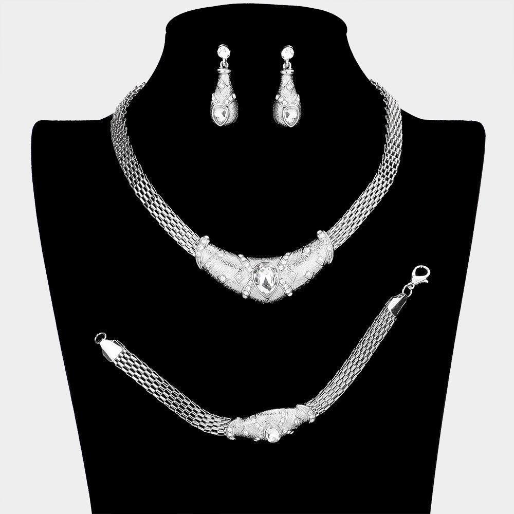 Silver 3 Piece Crystal Teardrop Accented Pendant Collar Necklace Set - Jewelry Store by Erik Rayo