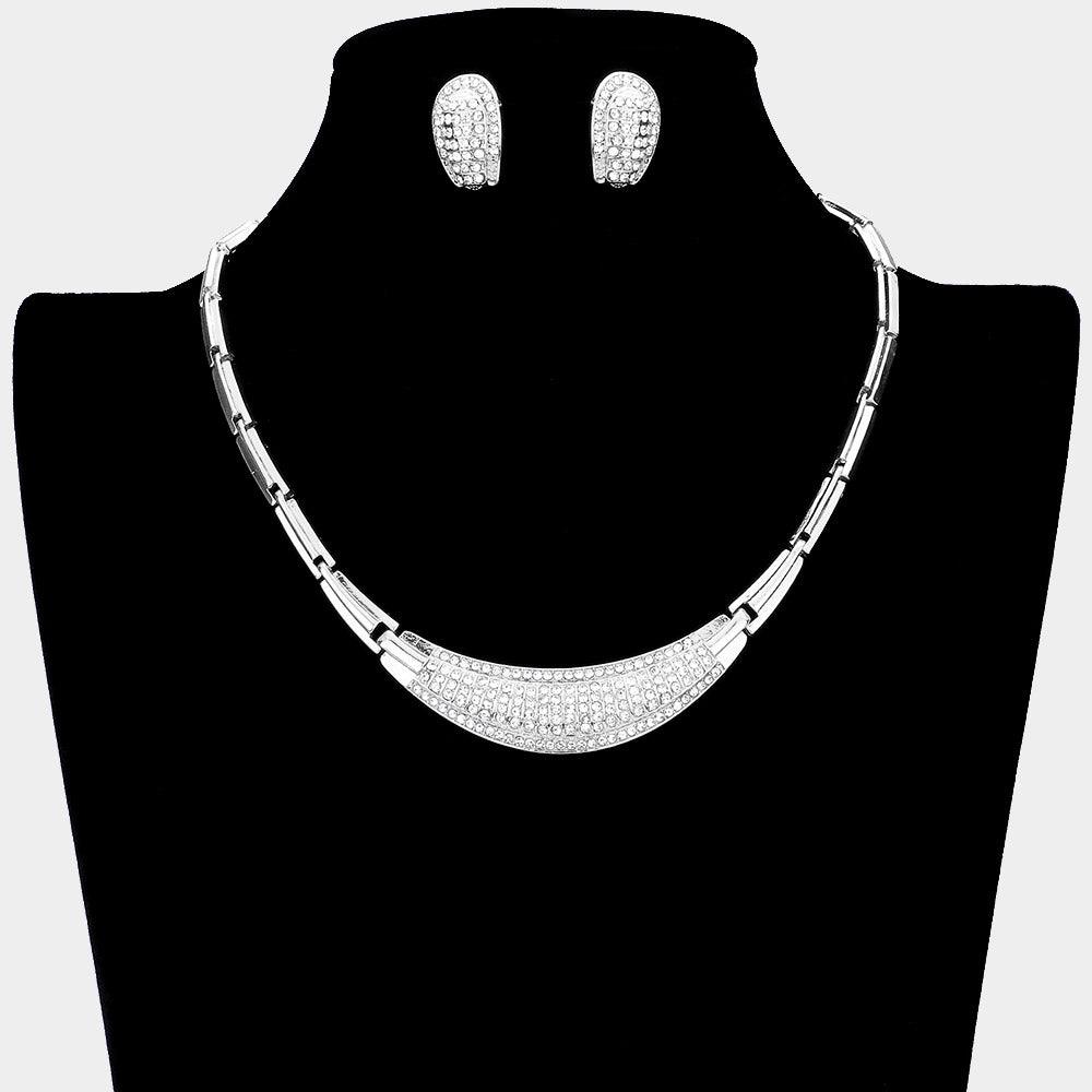 Silver Metal Necklace Rhinestone Paved