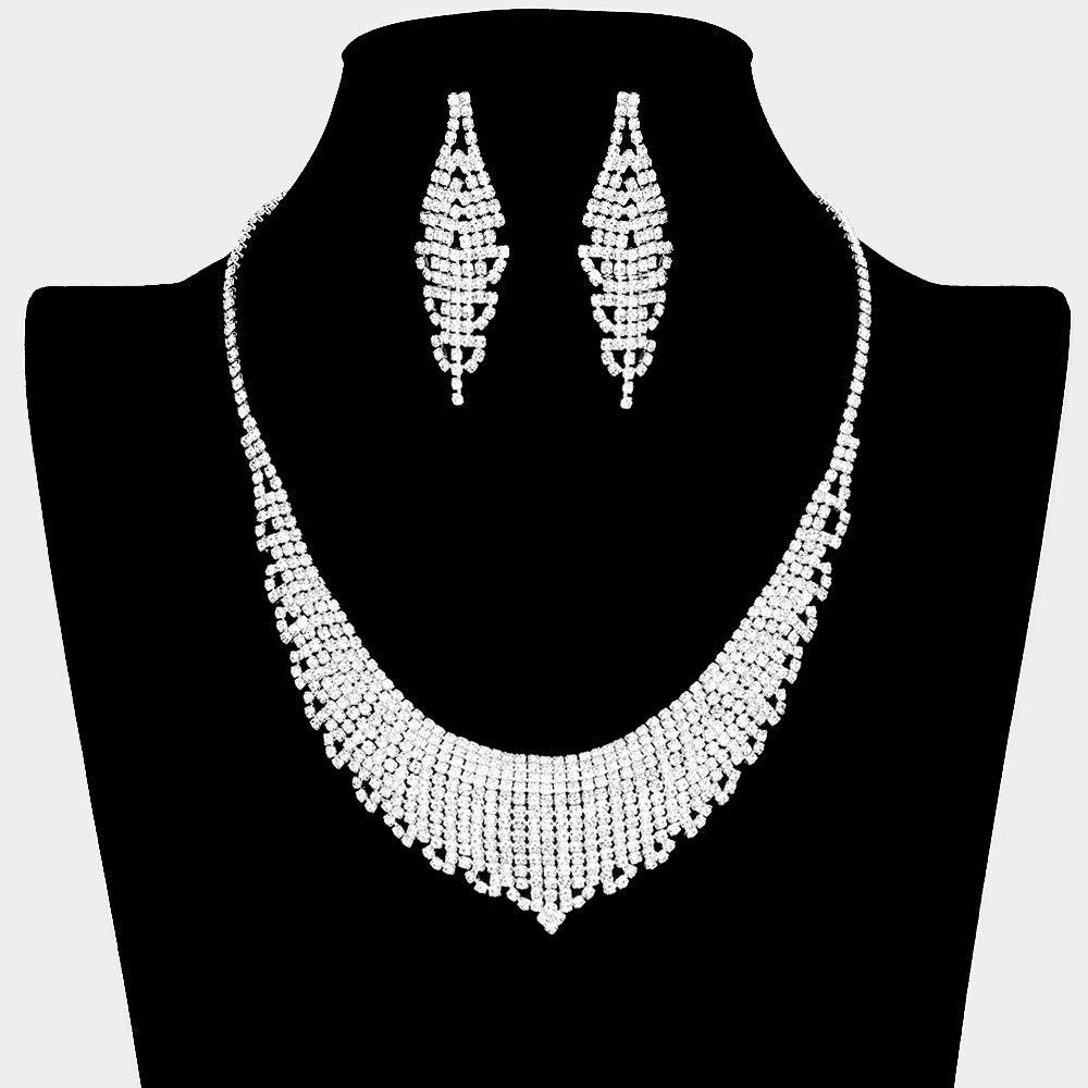 Silver Fringe Necklace Rhinestone Paved