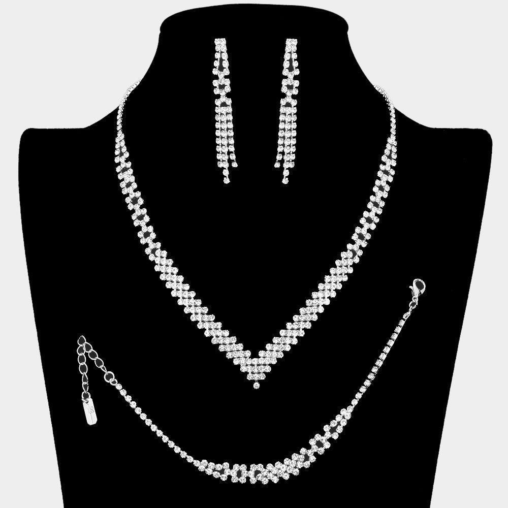 Silver 3 Piece Dangle V Shaped Necklace Set Rhinestone Paved - Jewelry Store by Erik Rayo