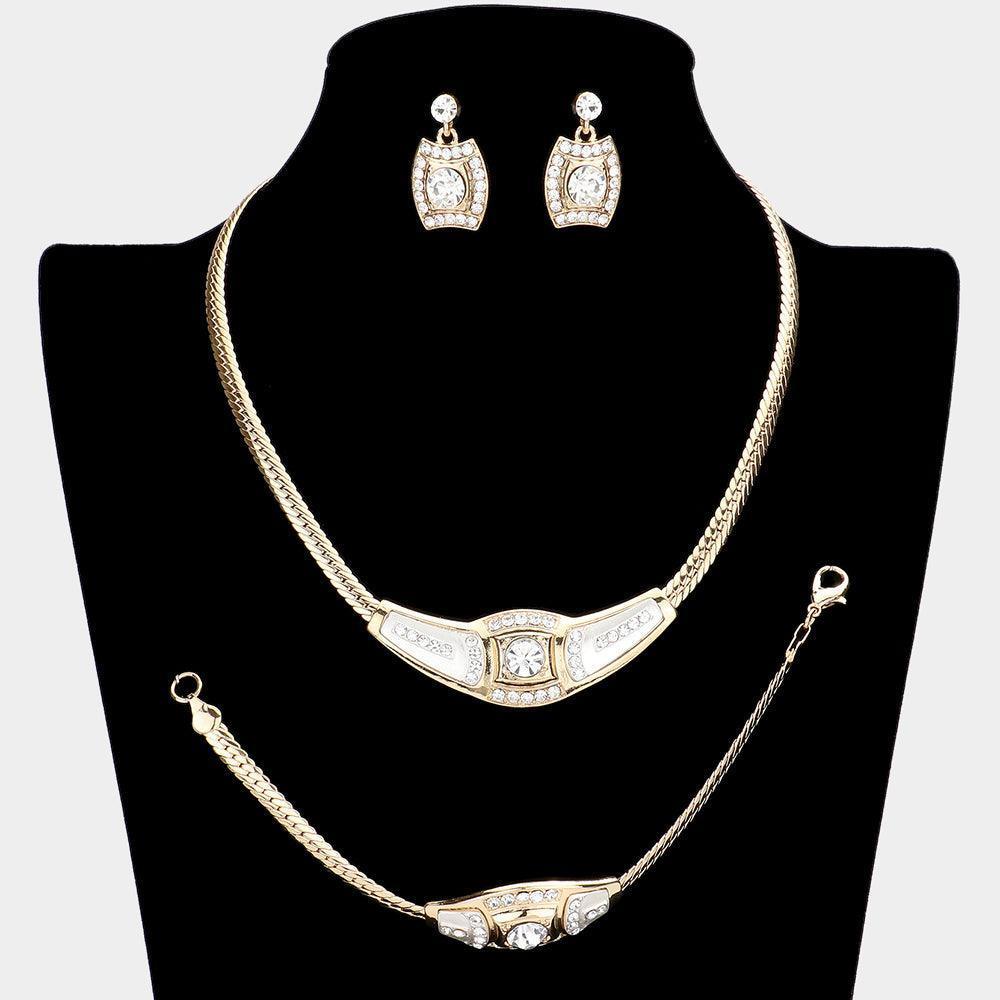 Two Tone 3 Piece Round Stone Accented Rhinestone Necklace Jewelry Set - Jewelry Store by Erik Rayo