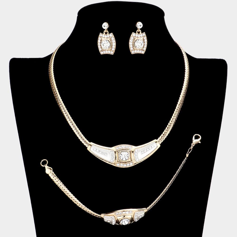 Two Tone 3 Piece Round Stone Accented Rhinestone Necklace Jewelry Set