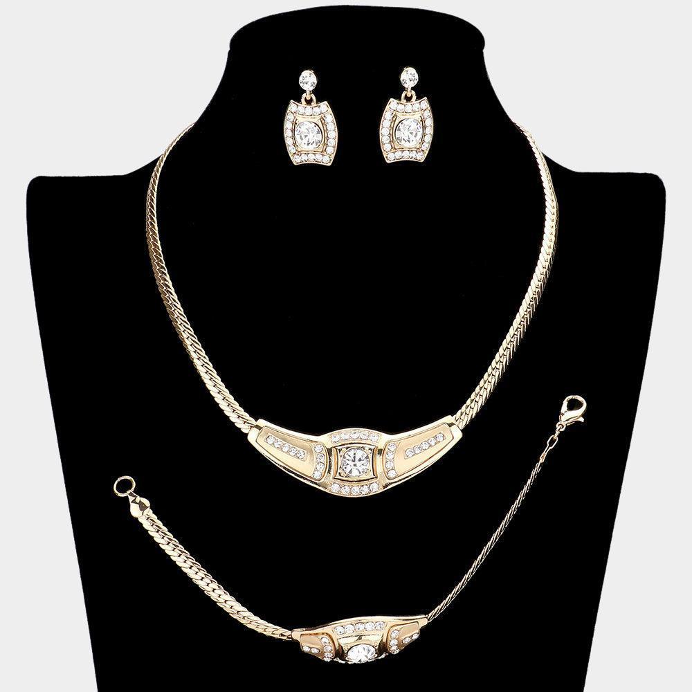 Gold 3 Piece Round Stone Accented Rhinestone Necklace Jewelry Set - Jewelry Store by Erik Rayo