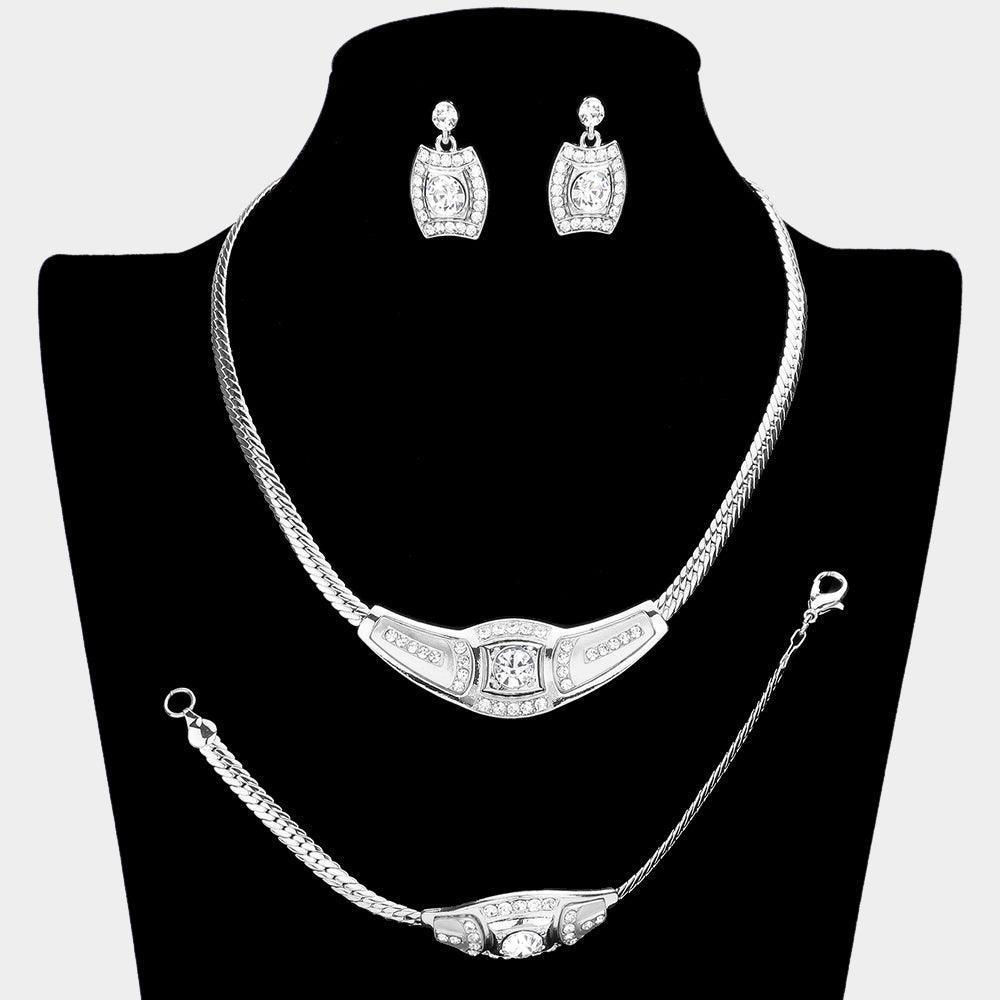 Silver 3 Piece Round Stone Accented Rhinestone Necklace Jewelry Set - Jewelry Store by Erik Rayo