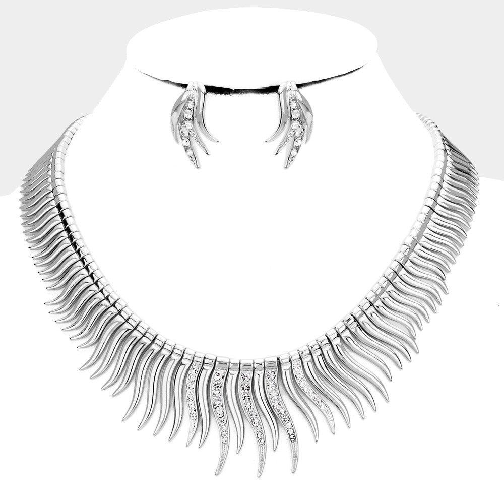 Silver Rhinestone Curved Metal Bar Collar Necklace - Jewelry Store by Erik Rayo