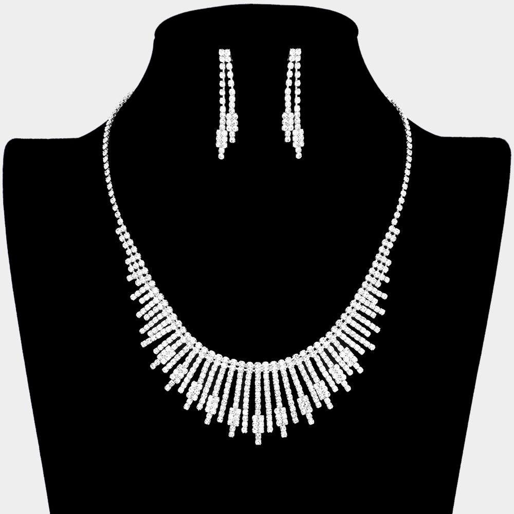 Silver Fringe Statement Necklace Rhinestone Paved