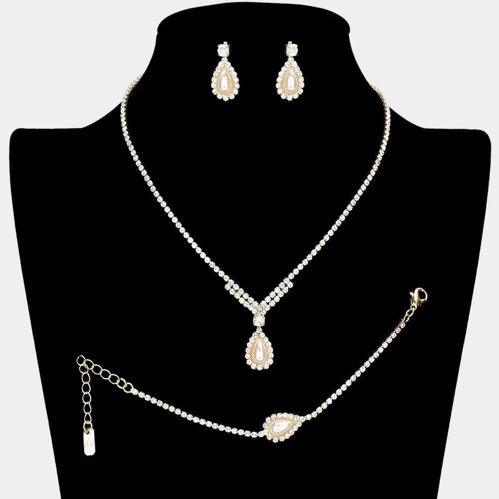 Cream 3 Piece Pearl Teardrop Rhinestone Necklace Jewelry Set - Jewelry Store by Erik Rayo