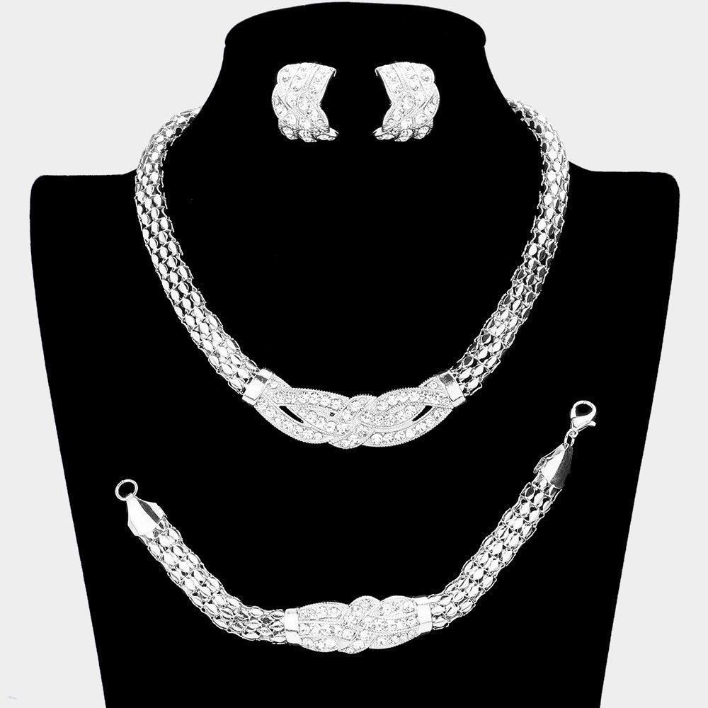 Silver 3 Piece Textured Metal Necklace Jewelry Set Rhinestone Paved - Jewelry Store by Erik Rayo