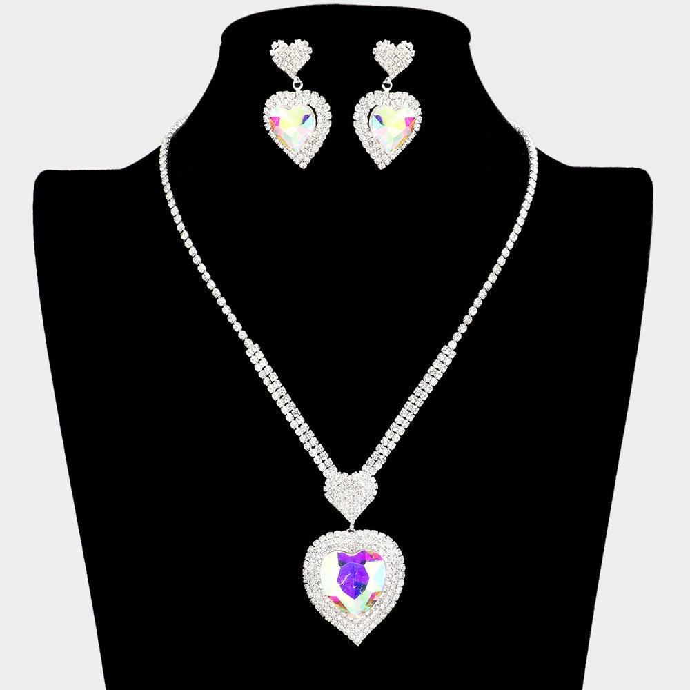 Silver Heart Crystal Rhinestone Drop Necklace