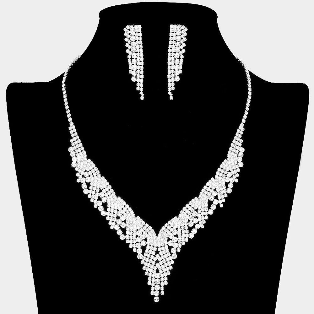 Silver V Shaped Necklace Rhinestone Paved