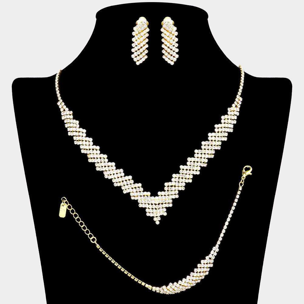 Gold 3 Piece Rhinestone V Shaped Necklace Clip On Earring Jewelry Set - Jewelry Store by Erik Rayo