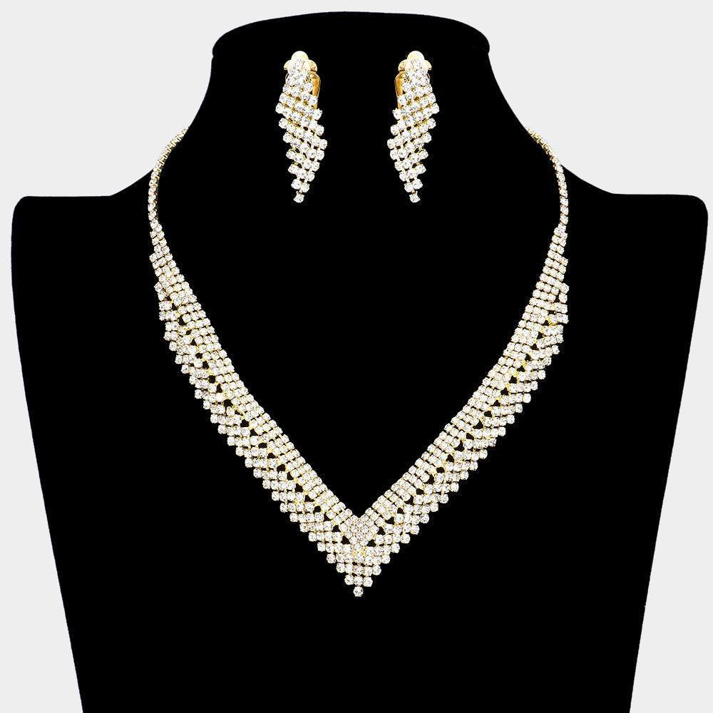 Gold V Shaped Necklace Clip on Earring Set Rhinestone Paved - Jewelry Store by Erik Rayo