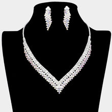 Load image into Gallery viewer, Silver V Shaped Necklace Clip on Earring Set Rhinestone Paved
