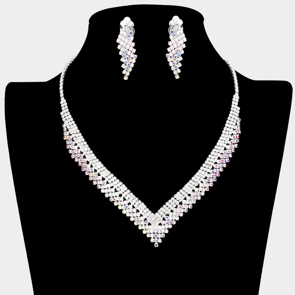 Silver V Shaped Necklace Clip on Earring Set Rhinestone Paved