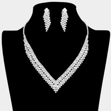 Load image into Gallery viewer, Silver V Shaped Necklace Clip on Earring Set Rhinestone Paved
