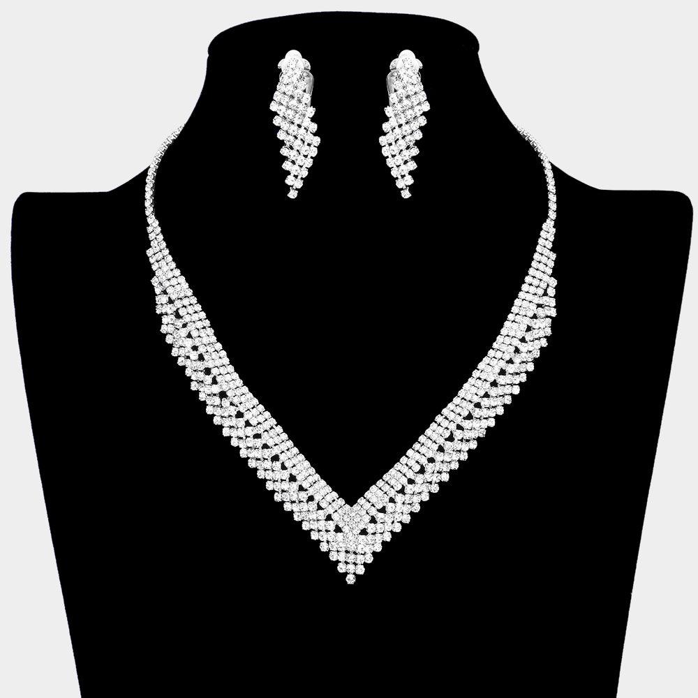 Silver V Shaped Necklace Clip on Earring Set Rhinestone Paved