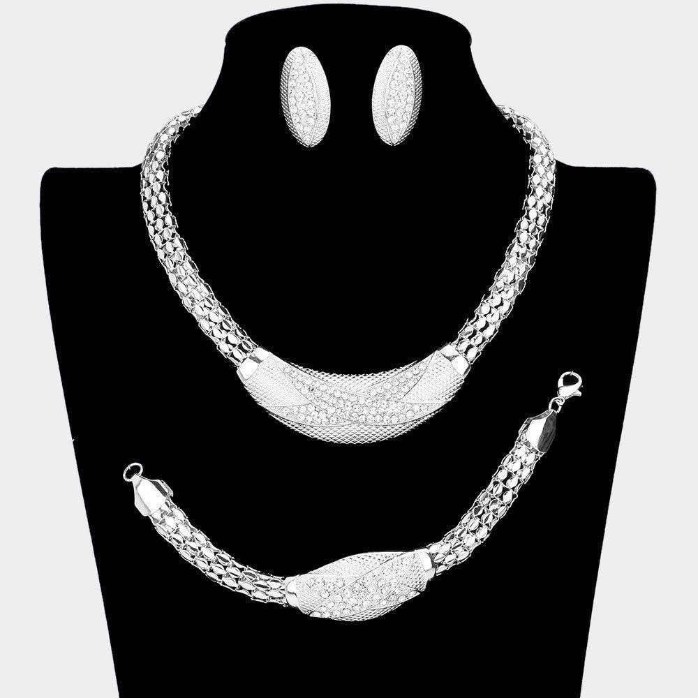Silver 3 Piece Crystal Rhinestone Snake Chain Necklace Jewelry Set - Jewelry Store by Erik Rayo