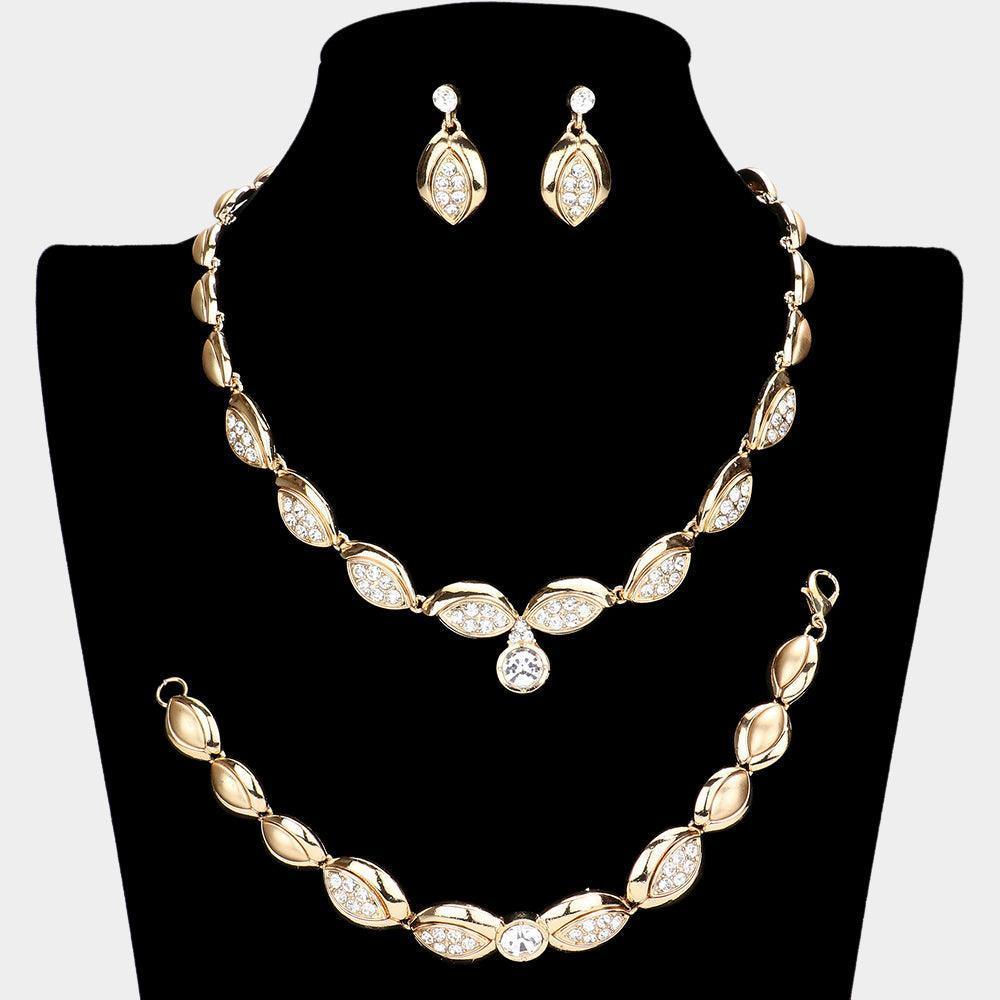 Gold 3 Piece Crystal Rhinestone Accented Marquise Necklace Jewelry Set - Jewelry Store by Erik Rayo