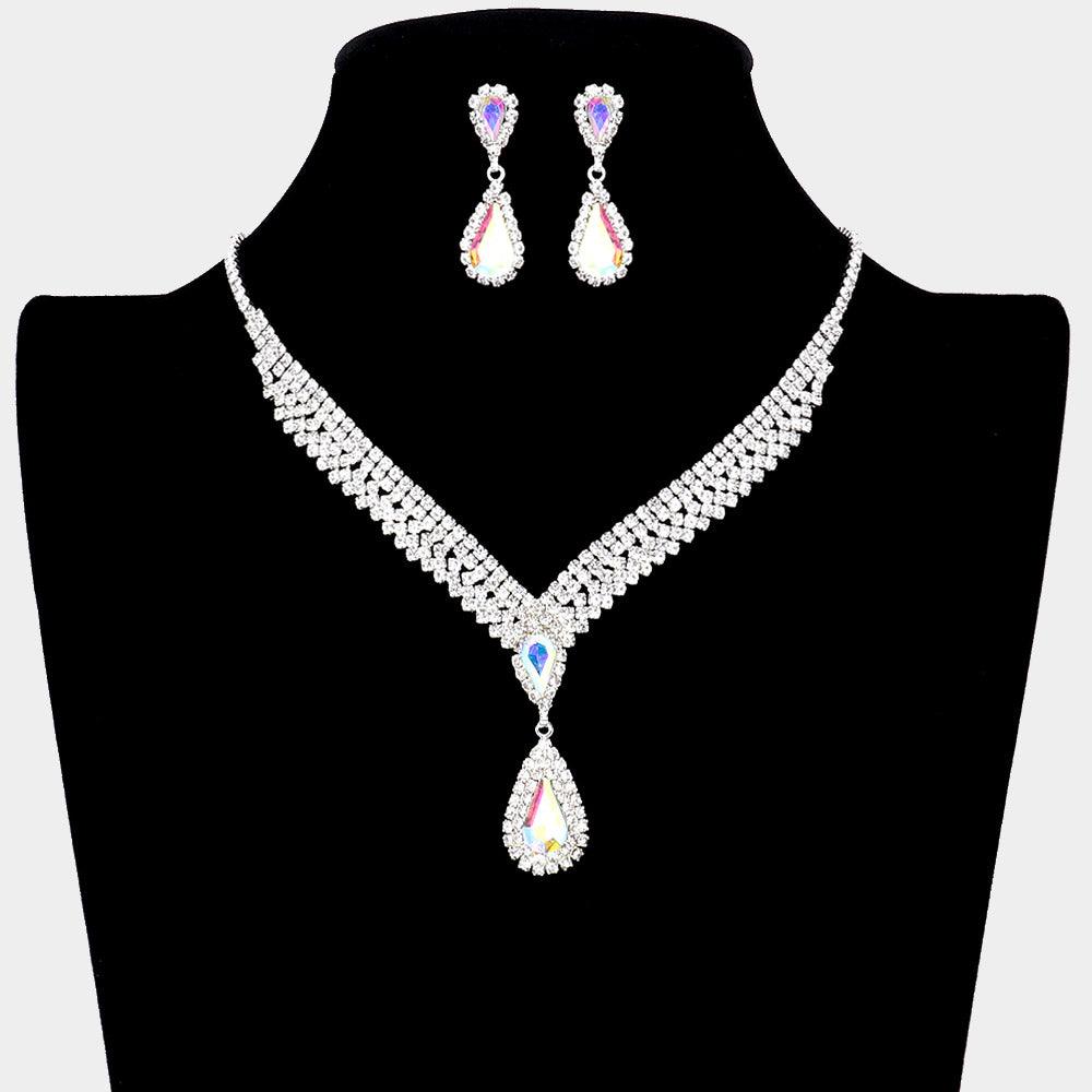 Silver Teardrop Stone Accented Rhinestone Necklace