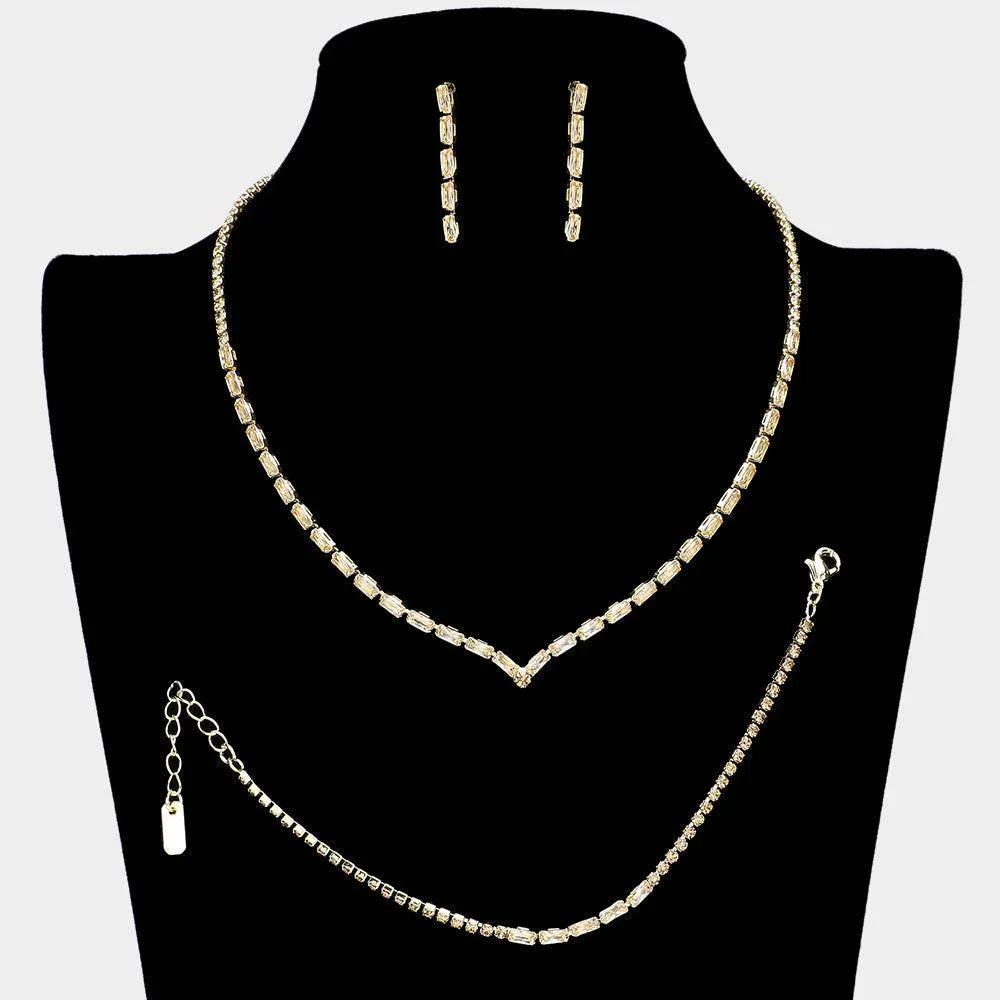 Gold 3 Piece Chevron Accented Rectangle Stone Necklace Jewelry Set - Jewelry Store by Erik Rayo
