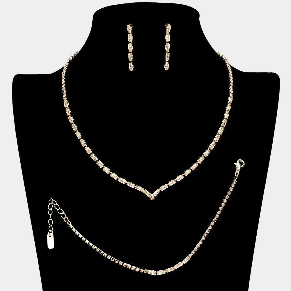 Gold 3 Piece Chevron Accented Rectangle Stone Necklace Jewelry Set - Jewelry Store by Erik Rayo