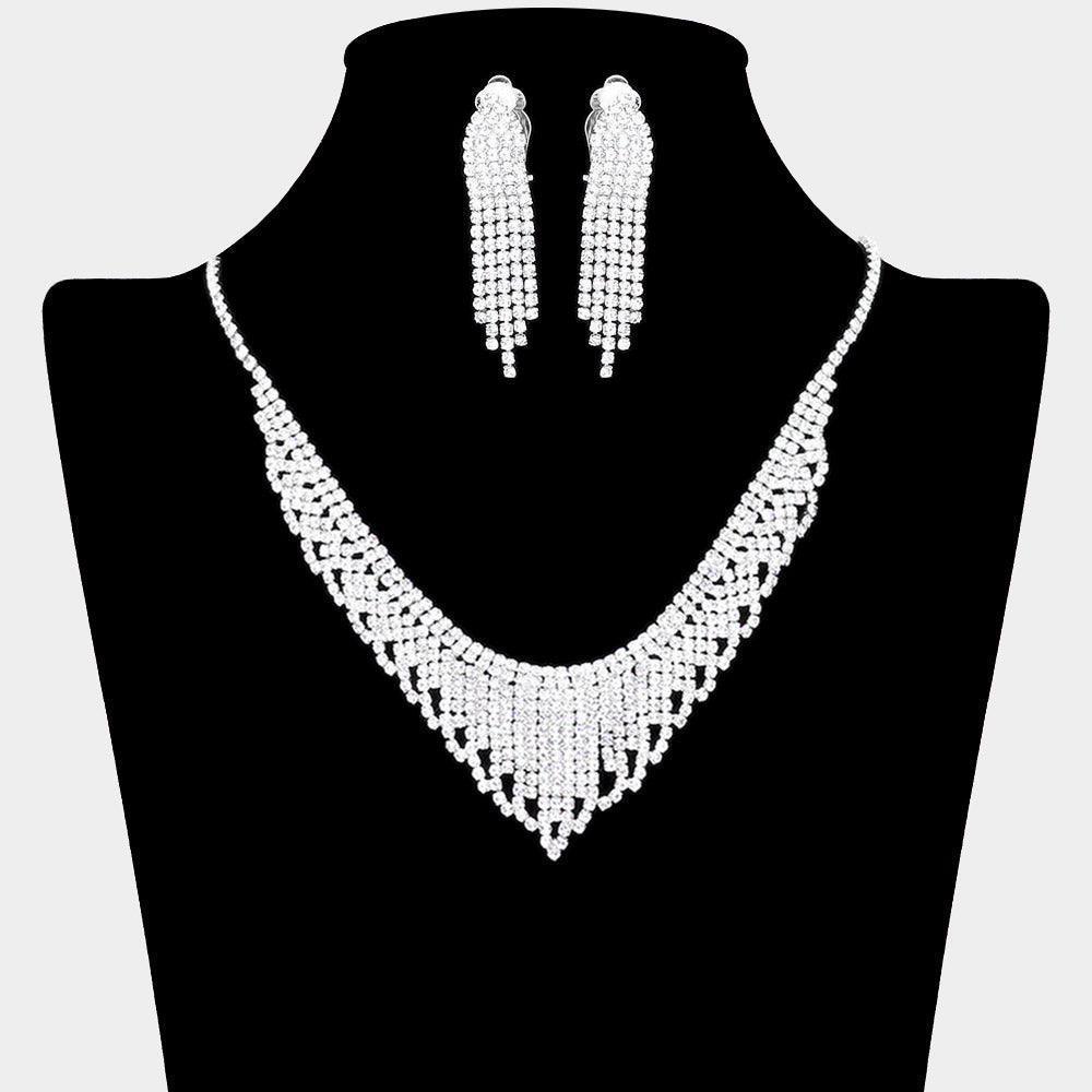 Silver V Shaped Necklace Clip On Earring Set Rhinestone Paved - Jewelry Store by Erik Rayo