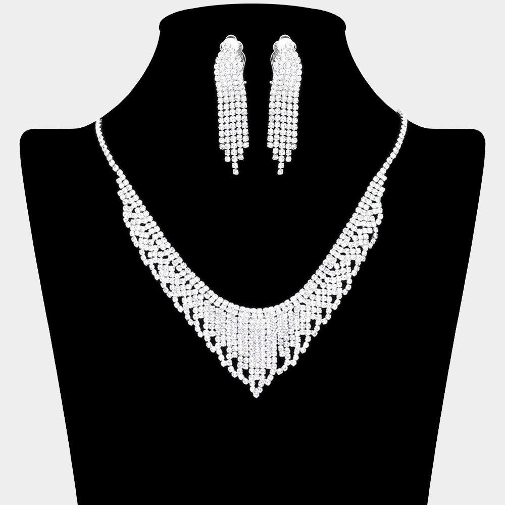 Silver V Shaped Necklace Clip On Earring Set Rhinestone Paved