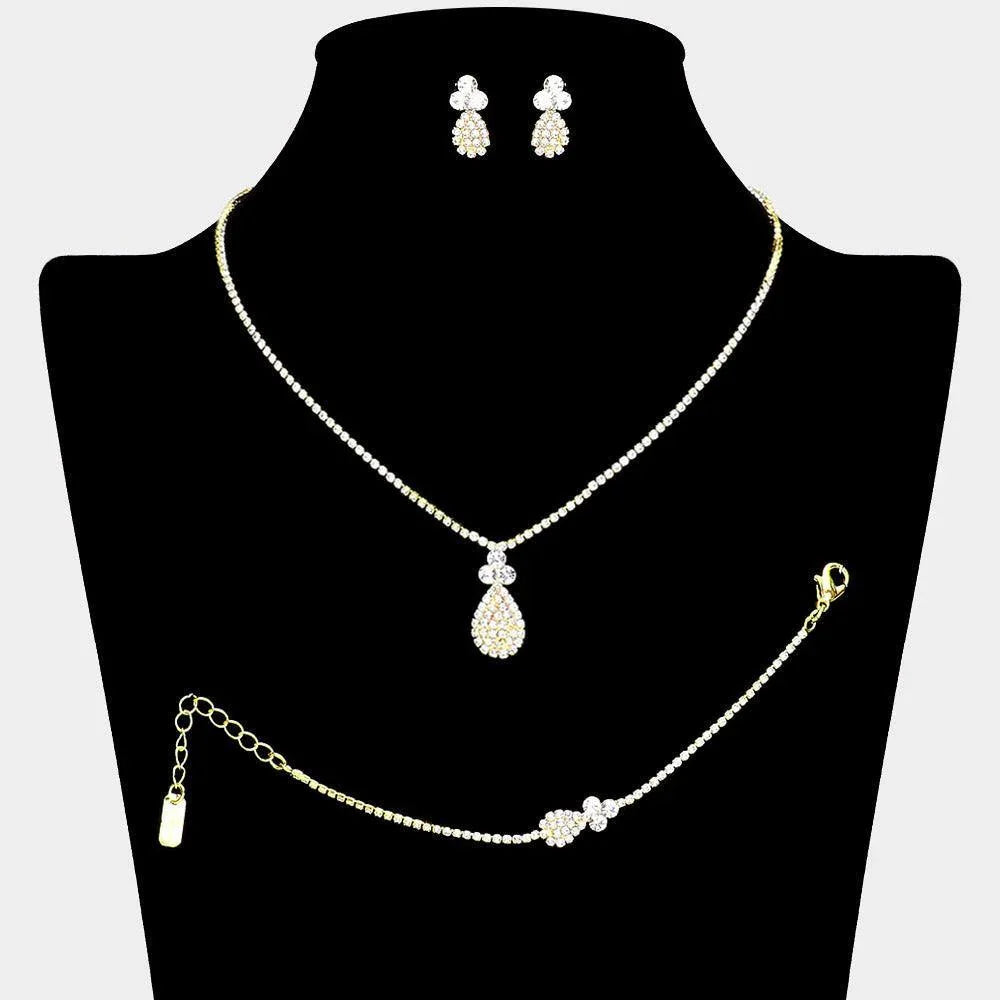 Gold 3 Piece Rhinestone Teardrop Accented Necklace Jewelry Set - Jewelry Store by Erik Rayo