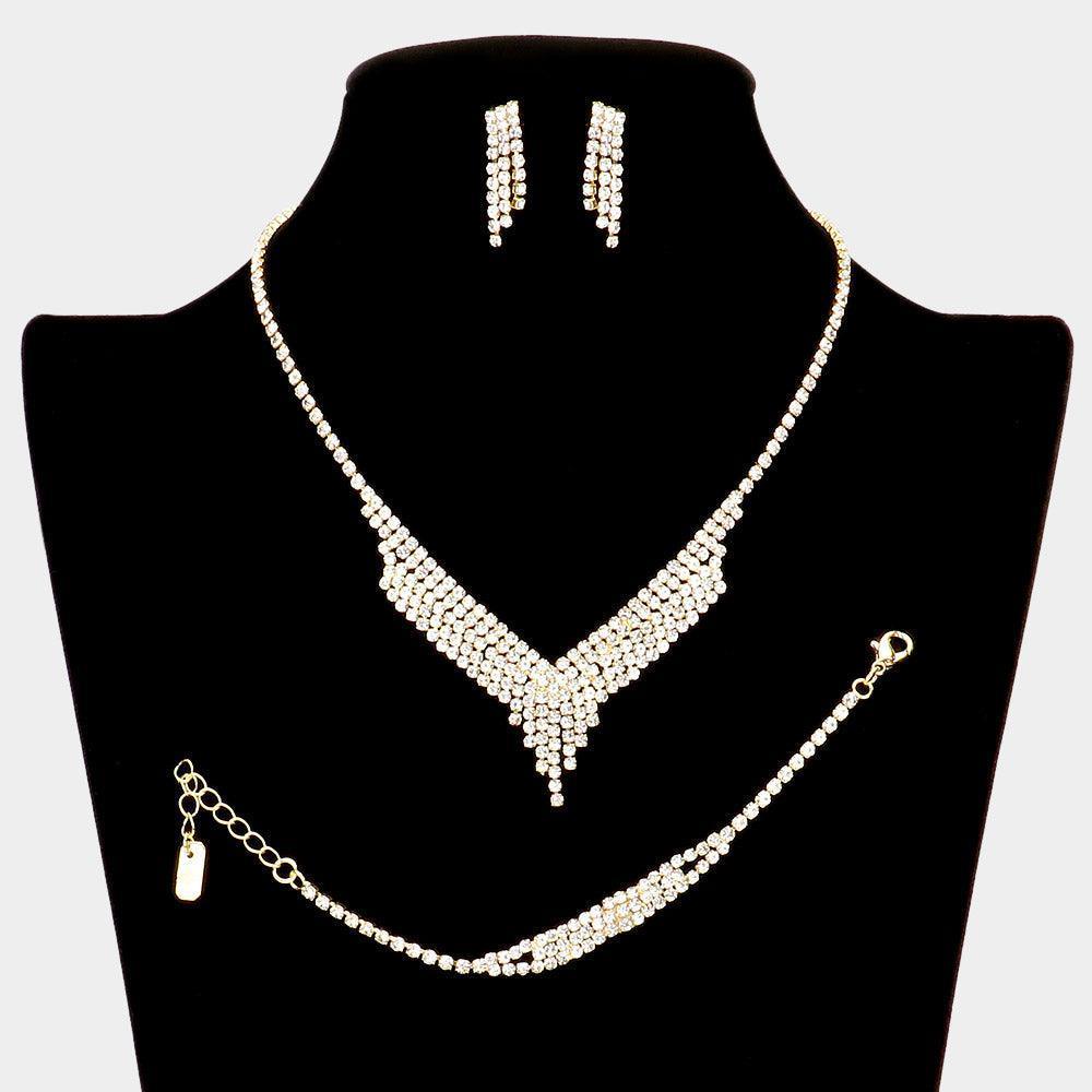 Gold 3 Piece V Shaped Necklace Jewelry Set Rhinestone Paved - Jewelry Store by Erik Rayo