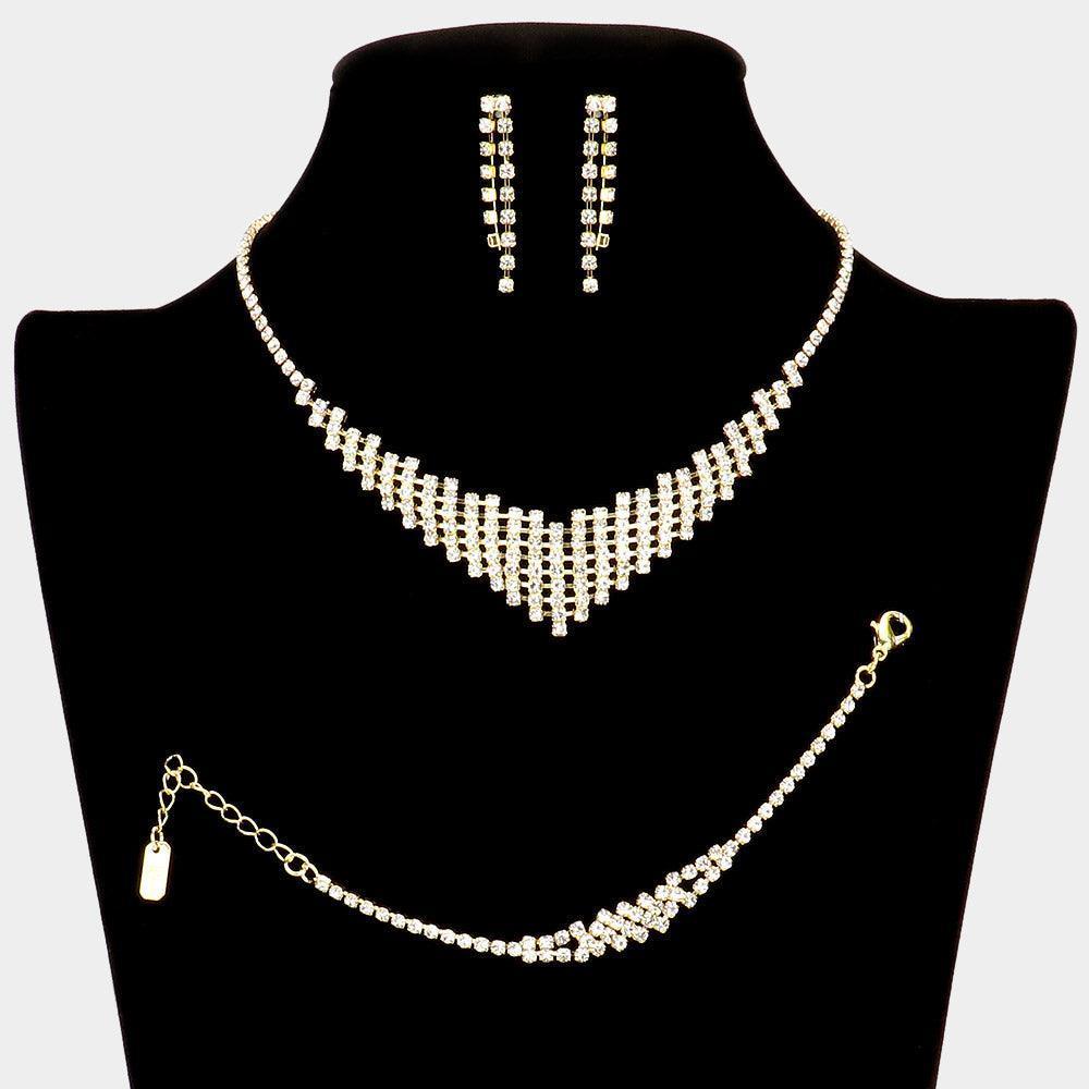 Gold 3 Piece V Shaped Necklace Jewelry Set Rhinestone Paved - Jewelry Store by Erik Rayo