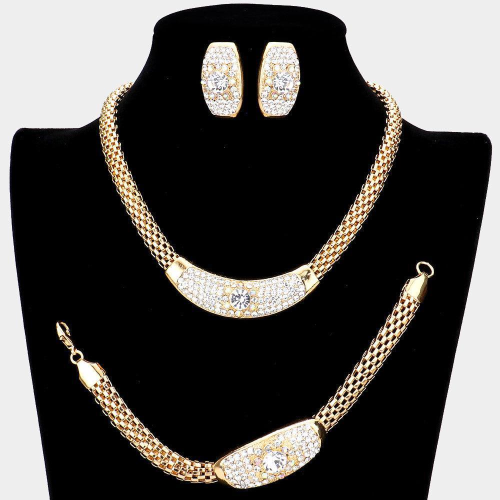 Gold 3 Piece Round Stone Accented Rhinestone Necklace Jewelry Set - Jewelry Store by Erik Rayo